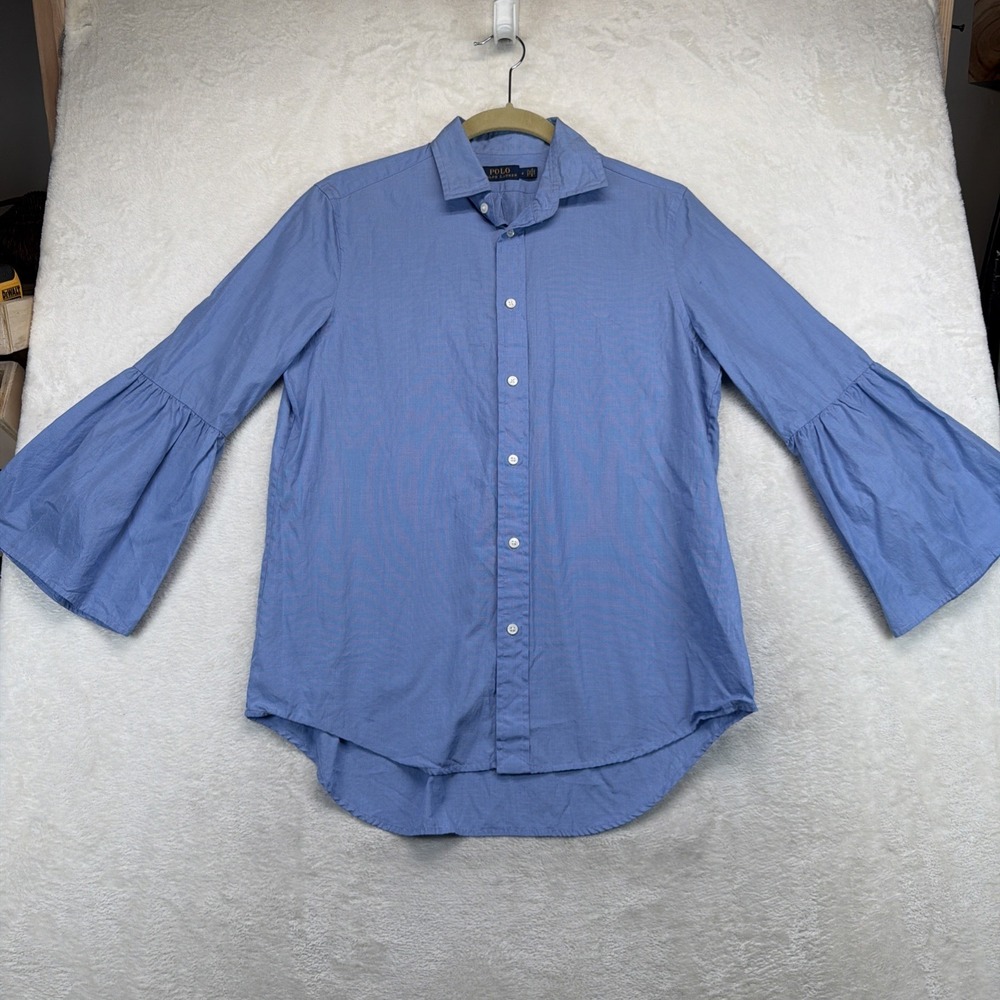 Polo Ralph Lauren Womens Bell Sleeve Shirt Blue Size 6 Button Down Blouse